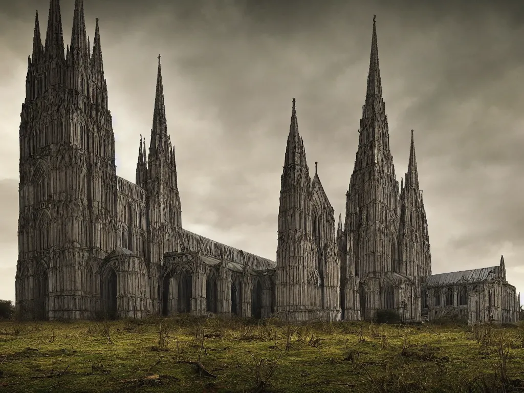Prompt: Salisbury cathedral with a broken spire, post apocalyptic ruin, overgrown with vines, muted color, epic cinematography, dramatic lighting, fantasy art, trending on artstation