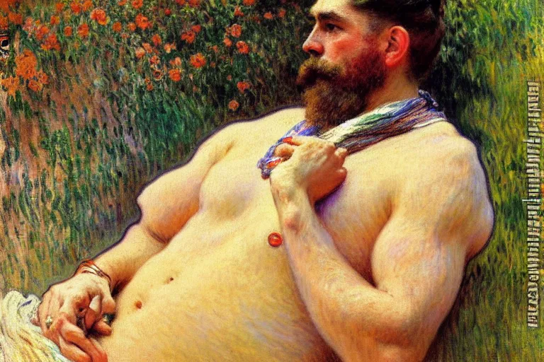 Prompt: attractive male, painting by gaston bussiere, claude monet, alphonse mucha, carl larsson