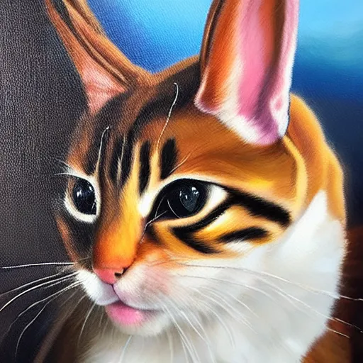 Prompt: realistic oil painting of a half cat half bunny hybrid