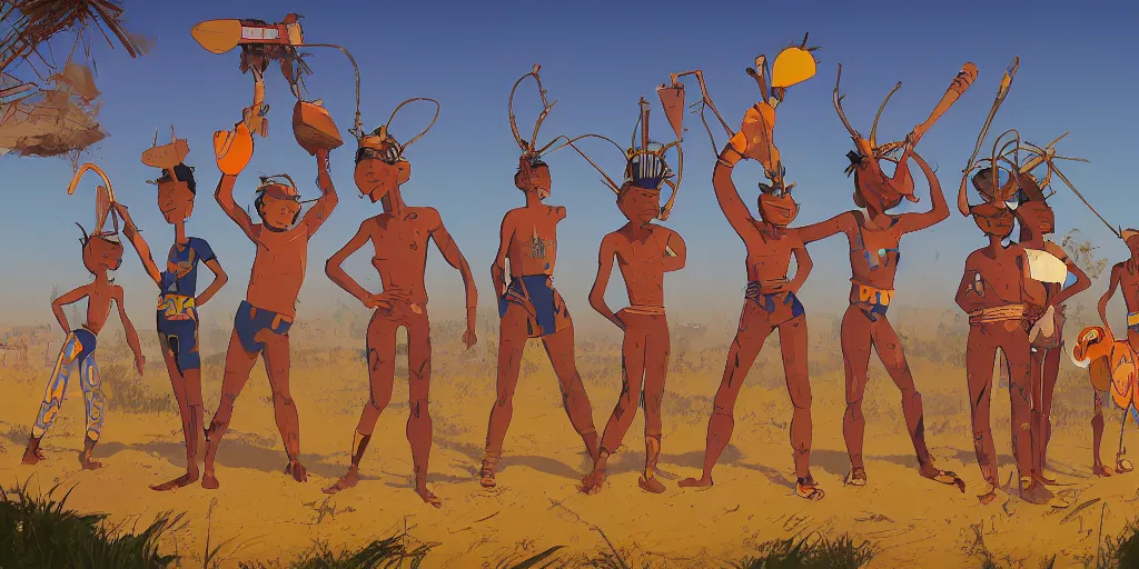 Prompt: a film still from Triplets of Belleville, 4 kids wearing African tribal masks with graffiti war paint stand together ready for battle in an open field in the middle of an African favela , medium shot, waist up, studio Ghibli, Pixar, Disney and animation anime key art by anime key art by Ian McQue, ilya kuvshinov and Greg Rutkowski, Bloom, dramatic lighting global illumination, muted red and grey