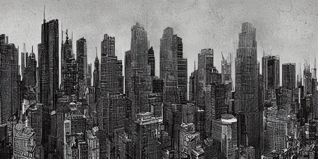 Prompt: in the black storm, the city skyline, broken skyscrapers, on a darkling plain, drawn by nicholas delort!! graphic black and white, low camera, wide angle, centered composition, golden ratio
