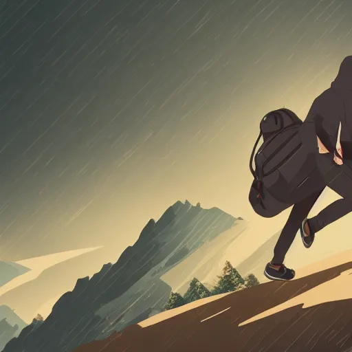 Image similar to person with hoodie walking up a mountain with a backpack that has katanas on the sides, anime, amazing composition, astonishing detail, smooth lines, beautiful scenery