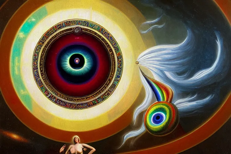 Image similar to painting of rainbow ophanim surrounded by large diagonally rotating rings, ophanim has bird wings, giant eyeball in the middle of the ophanim, by roberto ferri, amazing details, mythological, biblical, beautiful composition