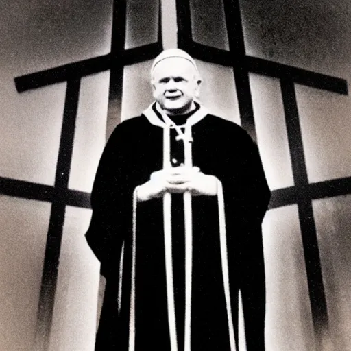 Image similar to photograph of john paul ii in black clothes staring at a big glowing christian cross, night, pitch black