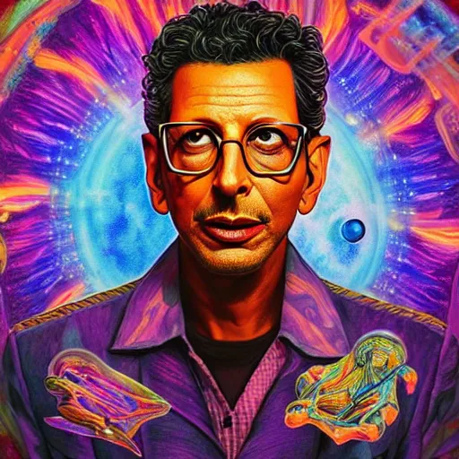 Image similar to Jeff Goldblum an extremely psychedelic experience, colorful, surreal, dramatic lighting, cosmonaut, LSD, face, detailed, intricate, elegant, highly detailed, digital painting, artstation, concept art, smooth, sharp focus, illustration, art by Sam Spratt, Dan Mumford, Artem Demura and Alphonse Mucha