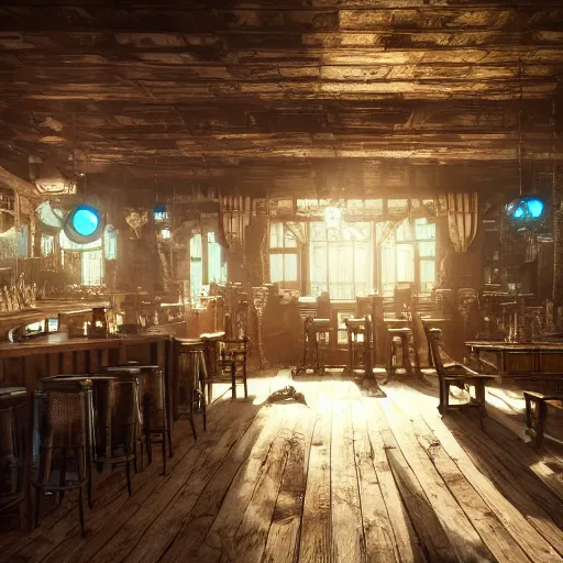 Prompt: ultra mega super hyper realistic Digital concept interior design of tavern in Cyberpunk style mixed with medieval style. Natural white sunlight from the transperient roof . Rendered in VRAY and DaVinci Resolve and MAXWELL and LUMION 3D, Volumetric natural light