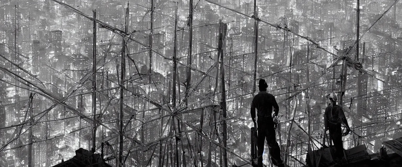 Prompt: detailed sharp photograph in the style of popular science circa 1 9 5 5 and gregory crewdson telephoto lens portrait of a single construction worker on a high beam above the city heavy bokeh