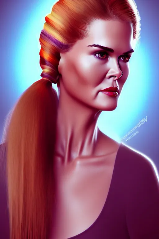 Image similar to mix of beautiful young maria shriver, mariel hemmingway, brooke shields, nicole kidman and elle macpherson as an alien creature, thin lips, hair tied up in a pony tail, dark blonde hair, colorful, artstation, cgsociety