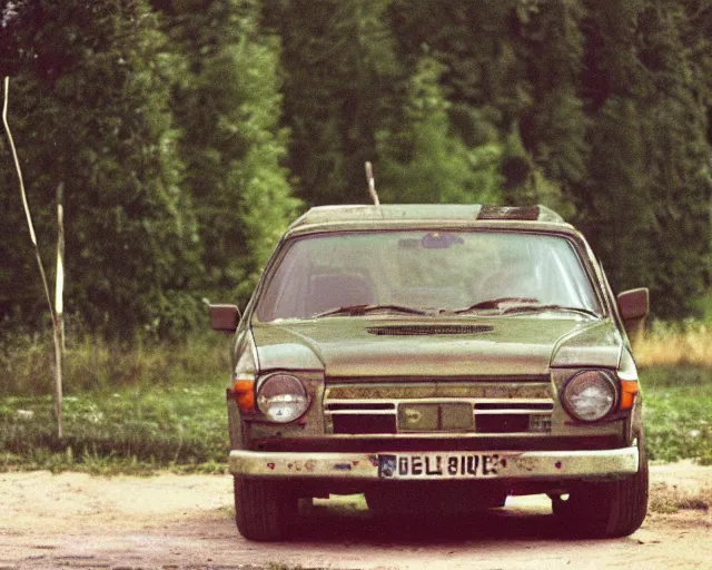 Image similar to a lomographic photo of old lada 2 1 0 7 standing in typical soviet yard in small town, hrushevka on background, cinestill, bokeh