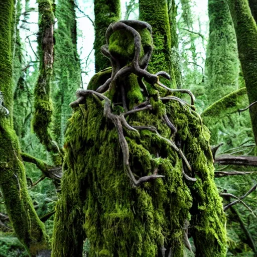 Prompt: an ominous figure of a man made of tree branches and moss