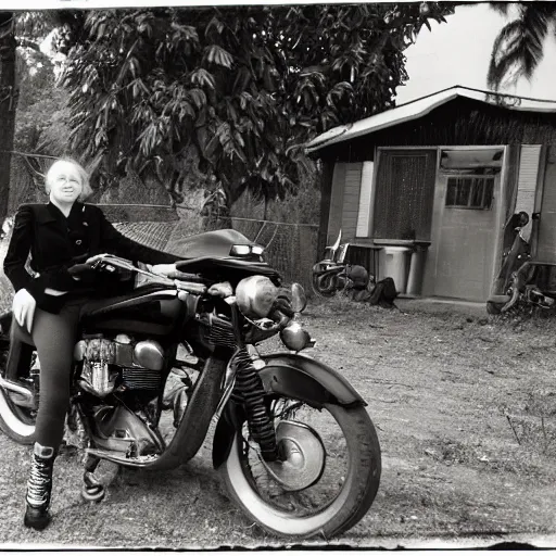 Prompt: a photo by ansel adams of a slender beautiful woman with straight ginger hair and bangs, wearing purple leathers and gold helmet, posing with large ginger tabby and raccoon on a motorcycle in her front yard, holding coffee mug and toasted brioche bun, 8 5 mm lens