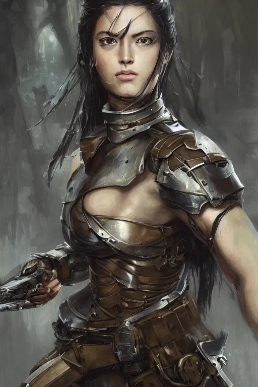 Image similar to a photorealistic painting of an attractive young female, partially clothed in battle armor, olive skin, long dark hair, beautiful bone structure, symmetrical facial features, intricate, elegant, digital painting, concept art, illustration, sharp focus, from Metal Gear, in the style of Ruan Jia and Mandy Jurgens and GregRutkowski and William-Adolphe Bouguerea