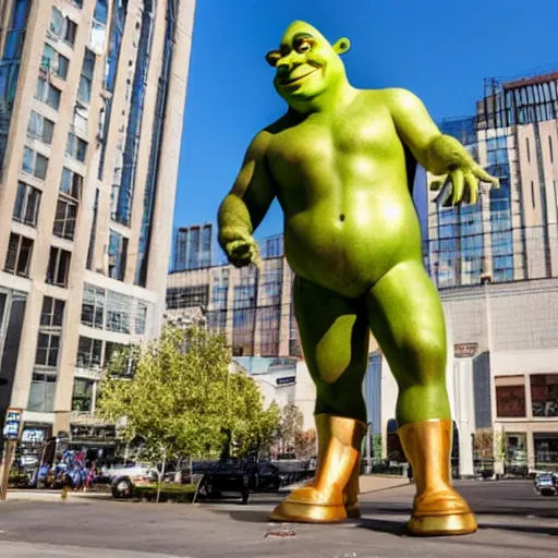 Image similar to the city unveiled a large golden statue of shrek