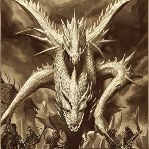Prompt: the head of an evil white dragon attacking a village, by Ciruelo Cabral, detailed, realistic, masterpiece, symmetrical