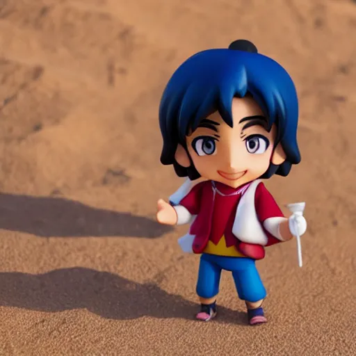 Image similar to young aladdin as nendoroid running in desert village, 8 k hd dof, kodak film,