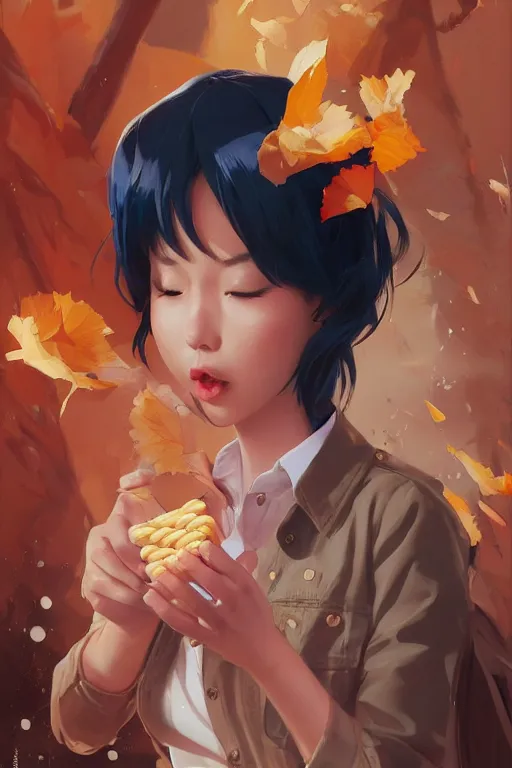 Image similar to asian girl eating a ritz cracker by artgerm, tooth wu, dan mumford, beeple, wlop, rossdraws, james jean, marc simonetti, artstation giuseppe dangelico pino and michael garmash and rob rey and greg manchess and huang guangjian and makoto shinkai