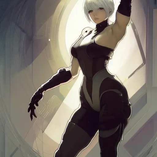 Image similar to a digital concept art by artgerm and greg rutkowski and alphonse mucha. clear portrait of 2 b nier automata in a skintight clothes!! hyper detailed, character concept, full body!! dynamic pose, glowing lights!! intricate, elegant, highly detailed, digital painting, artstation, concept art, smooth, sharp focus, illustration