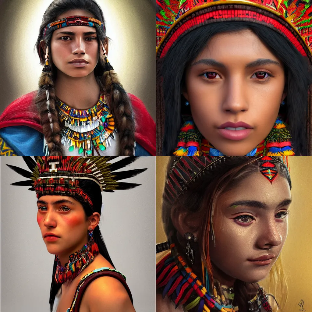 Prompt: Realistic portrait of a teenage Aztec priestess, trending on ArtStation