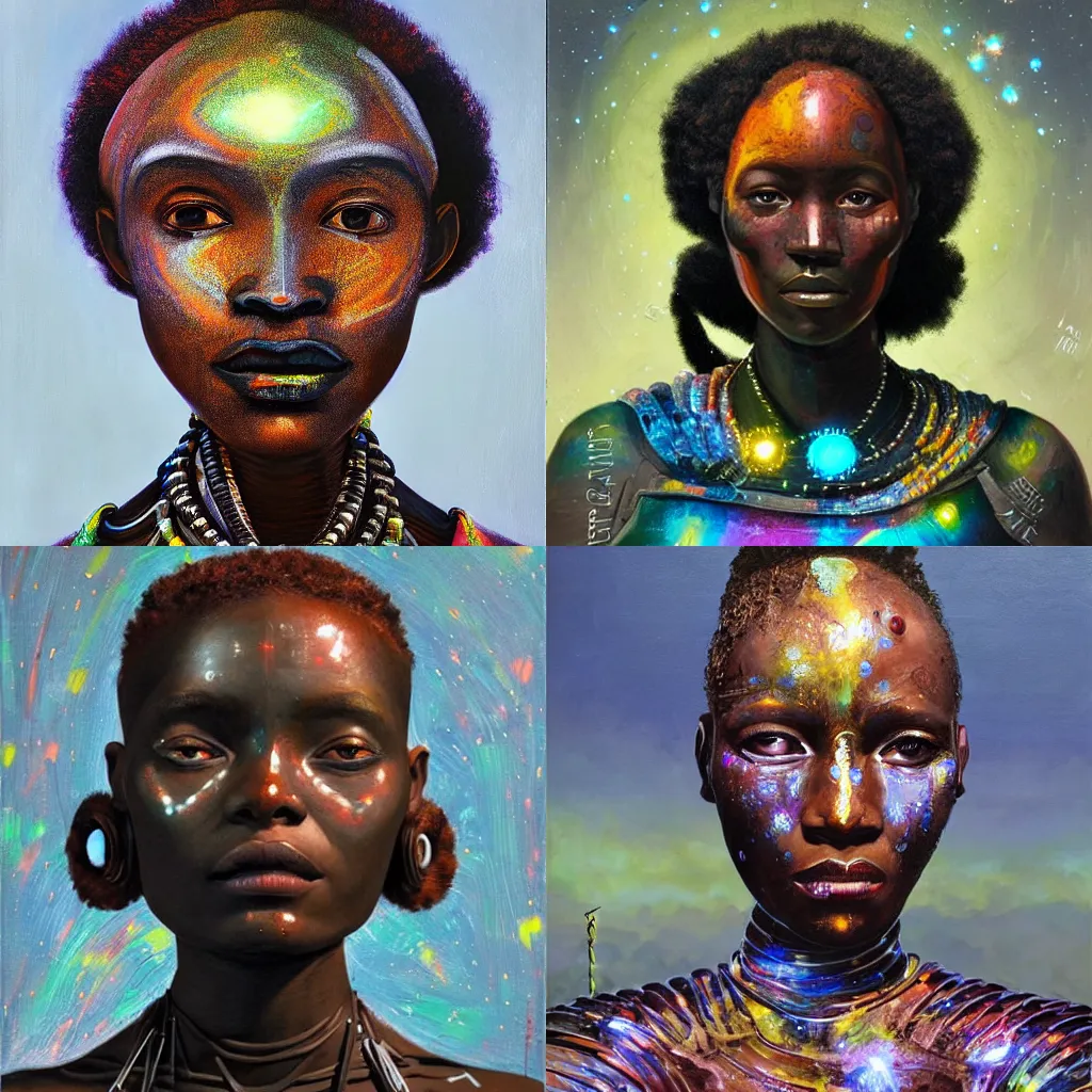 Prompt: beautiful afrofuturistic himba woman, otjize, glowing spacesuit, led details, robotic arms, hyperrealistic, scifi, concept art, impasto oil painting, portrait, dark, muted colors