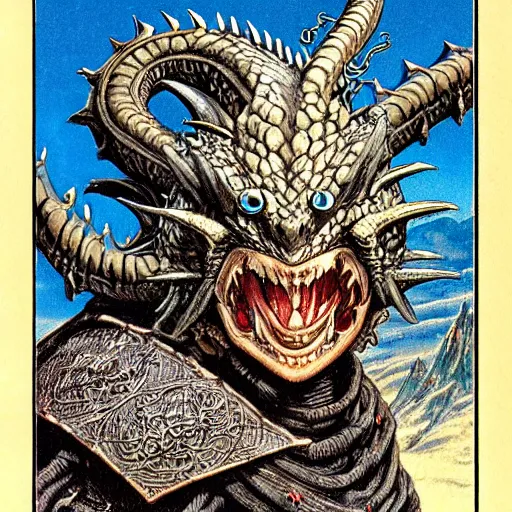 Image similar to head and shoulders portrait of a medieval d & d fantasy anthropomorphic blue dragon - headed sorcerer, d & d rulebook cover art by jeff easley, hr giger, and frank miller