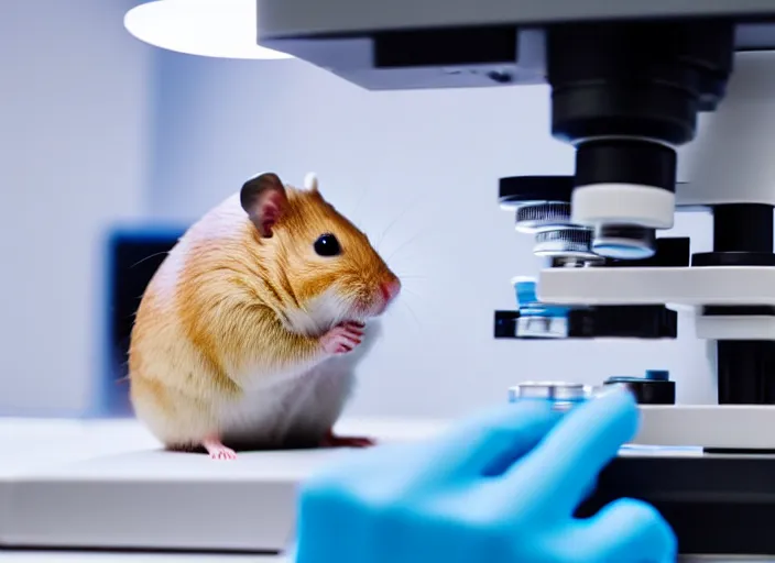 Image similar to film still of a hamster working in a research lab using a tiny microscope, 8 k