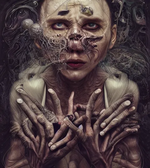 Prompt: portrait, nightmare anomalies, fingers by dariusz zawadzki, kenneth blom, mental alchemy, james jean, pablo amaringo, naudline pierre, contemporary art, hyper detailed