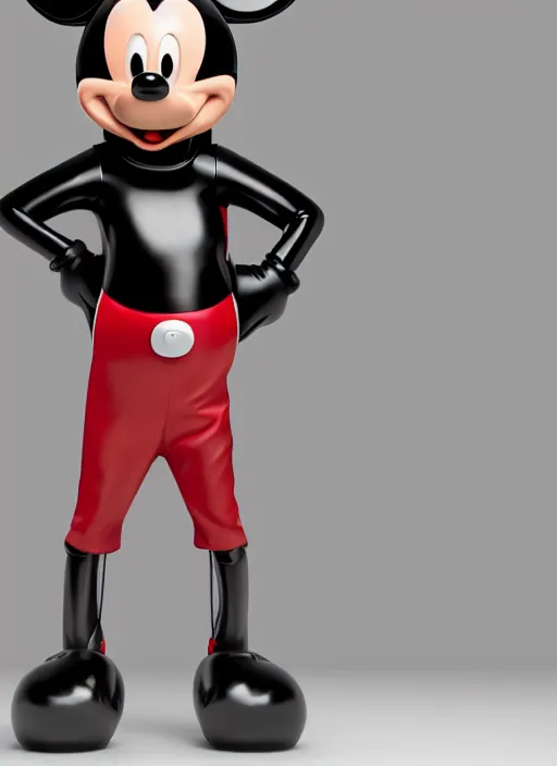 Image similar to stylized shiny latex rubber leather statue full body made of marble of disney character mickey mouse, perfect symmetrical body, perfect symmetrical face, hyper realistic, hyper detailed, by johannen voss, by michelangelo, octane render, blender, 8 k, displayed in pure white studio room