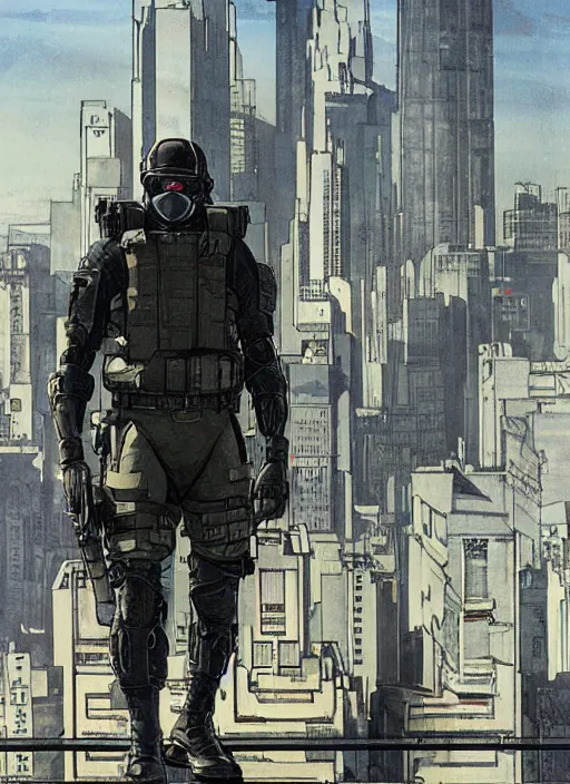 Image similar to Hector. USN special forces operator looking at city skyline. Agent wearing Futuristic stealth suit. rb6s, MGS, and splinter cell Concept art by James Gurney, Alphonso Mucha.