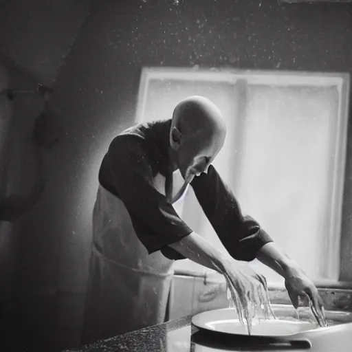 Image similar to portrait of nosferatu washing dishes, realistic detailed photography, 5 0 mm lens