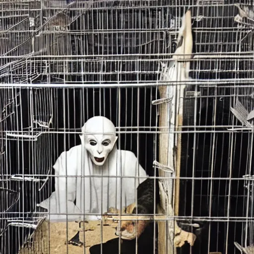 Prompt: nosferatu in a small cage at a pet store, for sale, surrounded by caged animals, detailed photograph