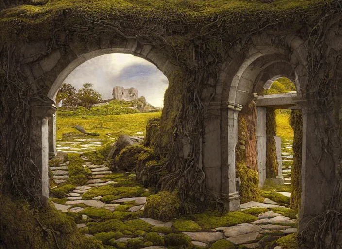 Image similar to labyrinth stone wall with two doors. one is a a carved stone door overgrown with moss. the other is a door made of old wood and rusty metal. by edgar maxence and caravaggio and michael whelan and delacroix style, artistic, intricate painting, cinematic lighting, hyper realistic, extremely detailed, 8 k resolution, establishing shot, dramatic lighting