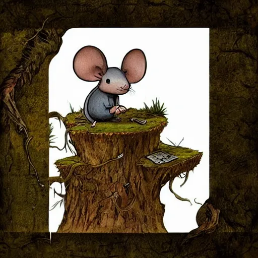 Prompt: Mouse Guard sits on a stump holding a sword, in deep forest, by rivuletpaper, rivuletpaper art, Mouse Guard by David Petersen, mouse photo, small details, realistic illustration,