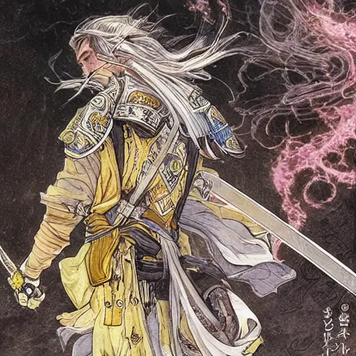 Prompt: a handsome golden Vagabond magic swordsman glides through a beautiful battlefield magic the gathering dramatic esoteric pen and ink illustrated in high detail by Hiroya Oku and Tatsuki Fujimoto