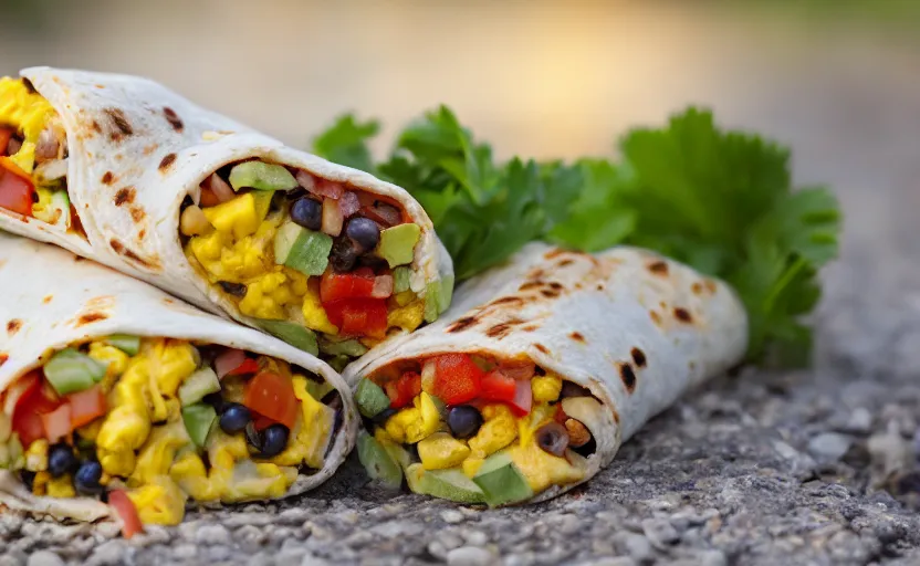 Prompt: a gigantic breakfast burrito, outdoors, food photography