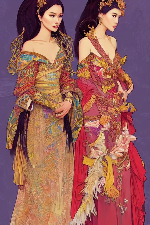 Image similar to portrait of a beautiful indonesian supermodels wearing traditional costume, highly detailed, digital painting, artstation, concept art, sharp focus, illustration, art by kittichai rueangchaichan and james gurney and alphonse mucha
