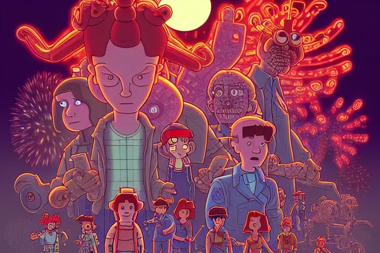 Image similar to scene from the animated version of Futurama Stranger Things with Eleven and Leela and Demogorgon, cartoon, detailed faces, high resolution, hyper detailed, intricate, illustrated, dramatic lighting, illustration, artstation, concept art, smooth, sharp focus, art by Alphonse Mucha and Matt Groening !n-9