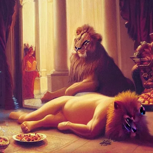 Prompt: Putin dines on tiny pineapples, a lion lady lies on the floor, high definition. digital art, 4k, by Delphin Enjolras