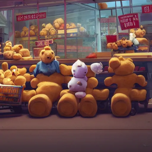 Teddy bears buying groceries, in the style of Rayman Stable Diffusion