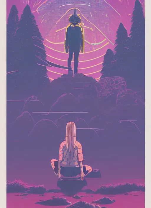 Image similar to an indie game poster of a translucent cyberpunk explorer meditating on an ancient platform in the middle of a dense forest, midnight, risograph by ghostshrimp, kawase hasui, josan gonzalez, jean giraud, moebius, colourful flat surreal design, in the style of oxenfree, super detailed, a lot of tiny details