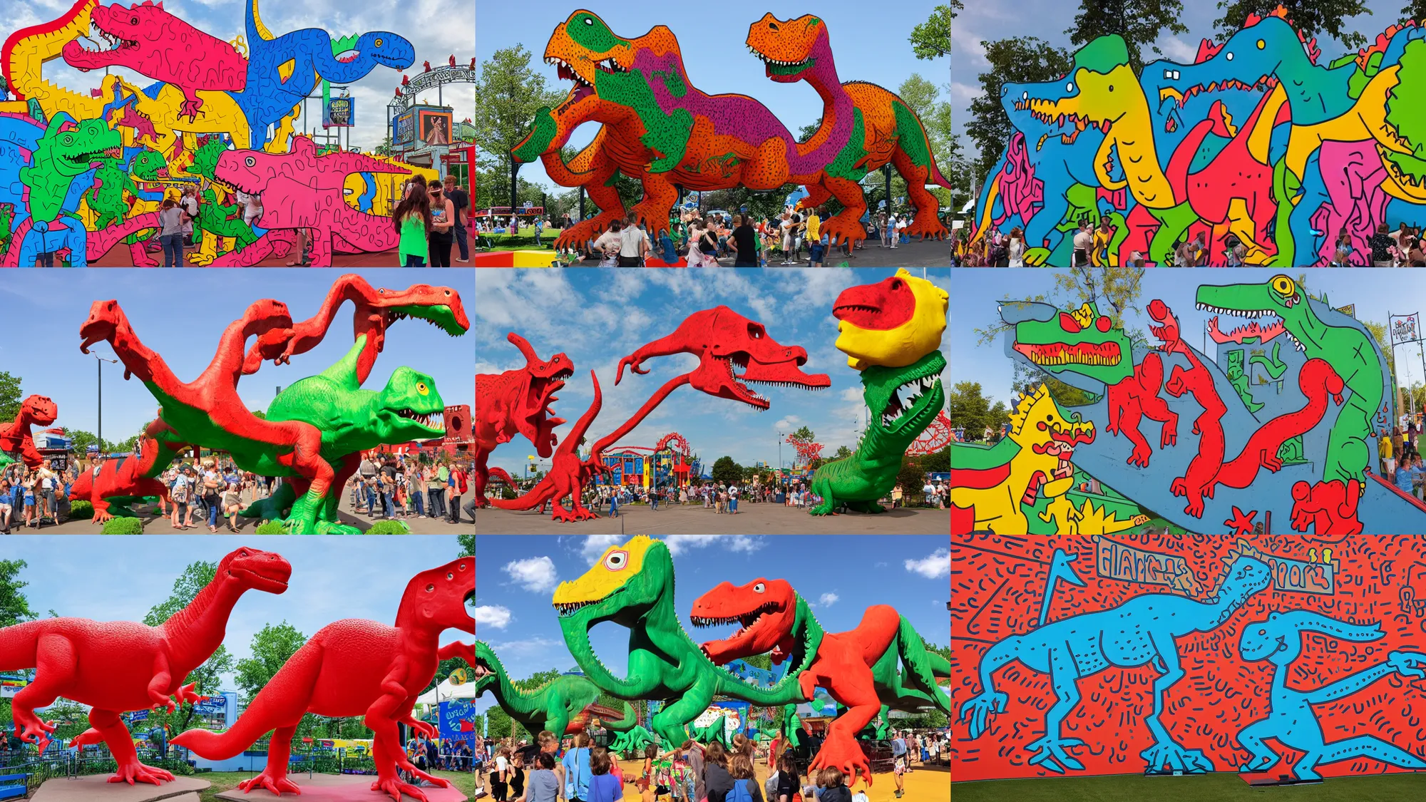 Prompt: dinosaur at the state fair, by keith haring