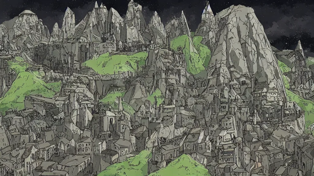 Image similar to a genndy tartakovsky illustration of minas tirith from lord of the rings