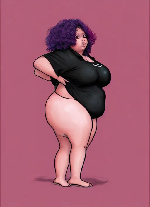 Image similar to full body portrait, teenage vanessa morgan, pink hair, obese, curly pixie hair, sultry, realistic, short hair, hoop earrings, skirt, shirt, fat, belly, black girl, intricate, elegant, highly detailed, digital painting, artstation, concept art, smooth, sharp focus, illustration, art by wlop, mars ravelo and greg rutkowski