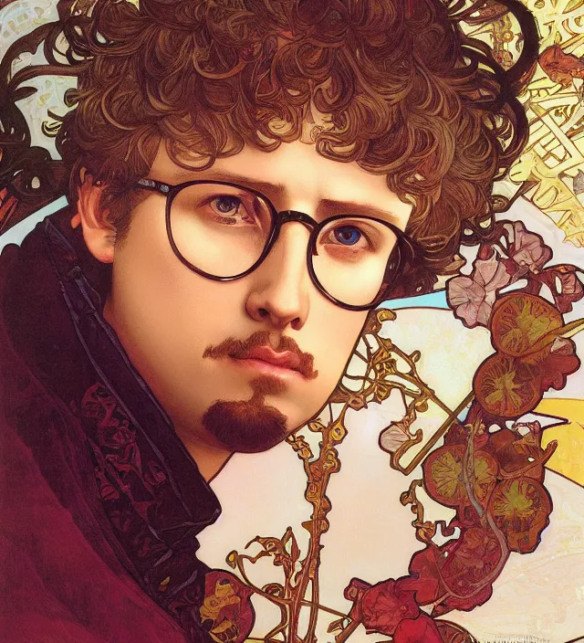 Prompt: detailed closeup portrait of napoleon dynamite by alphonse mucha, ayami kojima, yoshitaka amano