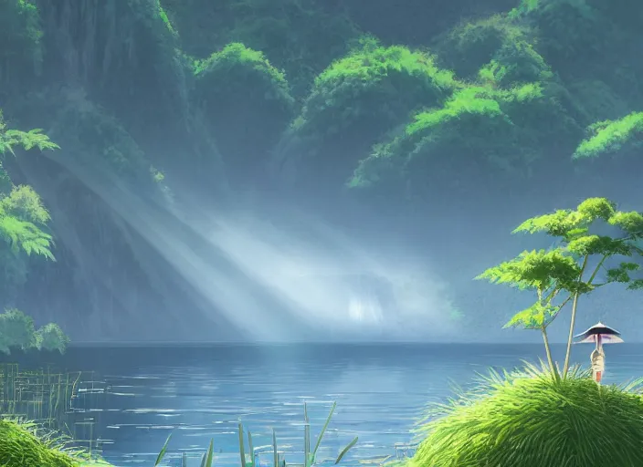 Prompt: misty japanese bamboo forest, lake foreground, large distant mountain with waterfall, sunny, cartoony, stylized anime, sun rays, soft, moody lighting, by hayao miyazaki, ghibli studio, makoto shinkai, toei animation, studio trigger, trending on artstation, 4 k, hd