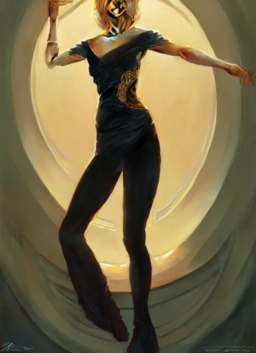 Image similar to portrait of olivia newton john, fullbody, intricate, elegant, highly detailed, my rendition, digital painting, artstation, concept art, smooth, sharp focus, art by artgerm and greg rutkowski and alphonse mucha and uang guangjian and gil elvgren and sachin teng, symmetry!!