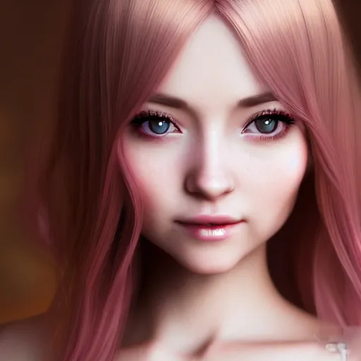 Prompt: beautiful intricate photograph of nikki from shining nikki dress - up game, a cute young woman, light pink hair, long hair with full bangs, full heart - shaped face, amber eye color, pale skin, light blush, chinese heritage,, smiling softly,, golden hour, soft focus, 8 k, hyperrealism, hyperdetailed