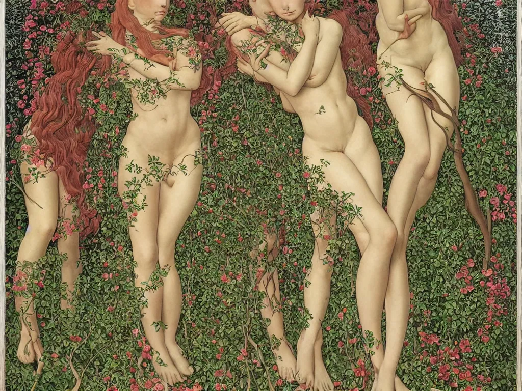 Prompt: Perfect bodies surrounded in cloth, skin with delicate ivy tendrils, flowers growing from the lungs. Painting by Moebius, Botticelli
