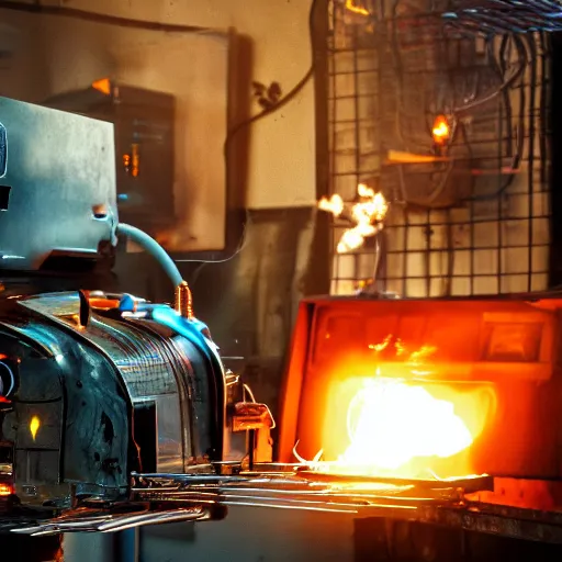 Image similar to cyborg toaster oven repairman, dark messy smoke - filled cluttered workshop, dark, dramatic lighting, orange tint, sparks, plasma rays, cinematic, highly detailed, sci - fi, futuristic, movie still