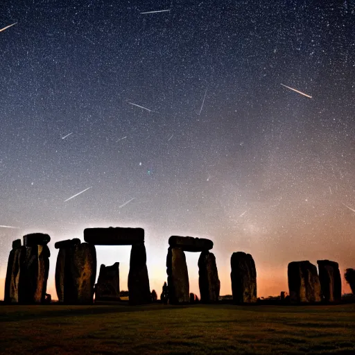 Prompt: 8 hrs shot over 3 nights of the perseid meteor shower over stonehenge