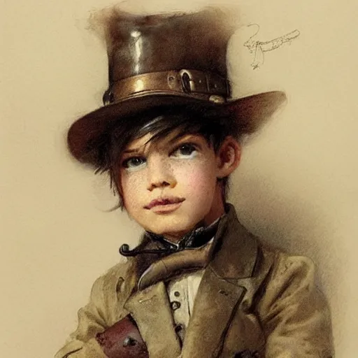 Image similar to by Jean-Baptiste Monge !!!!!!!!!!!!!!!!!!!!!!!!!!! (((((((((portrait of boy dressed as steampunk detective wearing leather gloves . muted colors.)))))))))